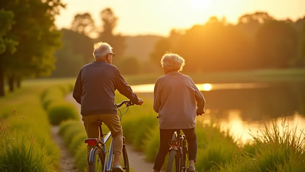 Seniori uz velosipēdiem pie skaista ezera ar pļavām apkārt