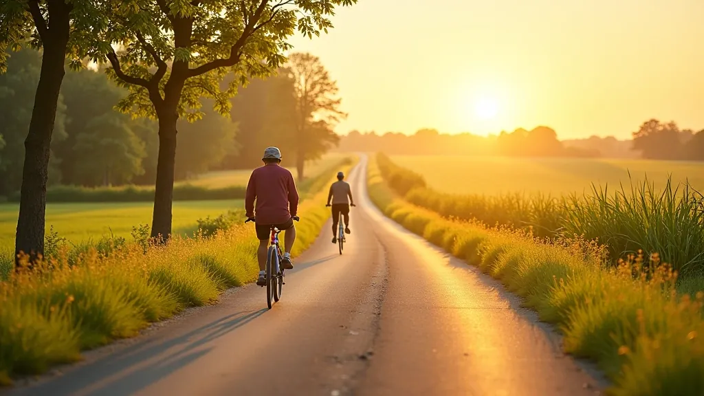 Ceļa virziens uz ezeru ar velobraucējiem attālumā, skaista lauku ainava