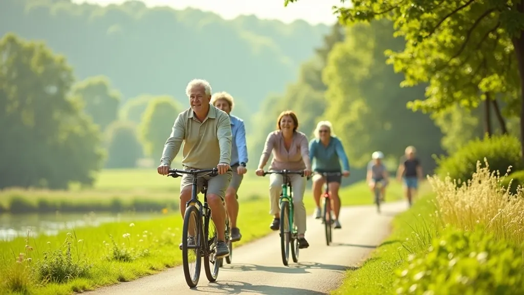 Seniori braucot velocipēdos Talsu ezeru krasta ceļiem, dabisks un mierīgs ainava