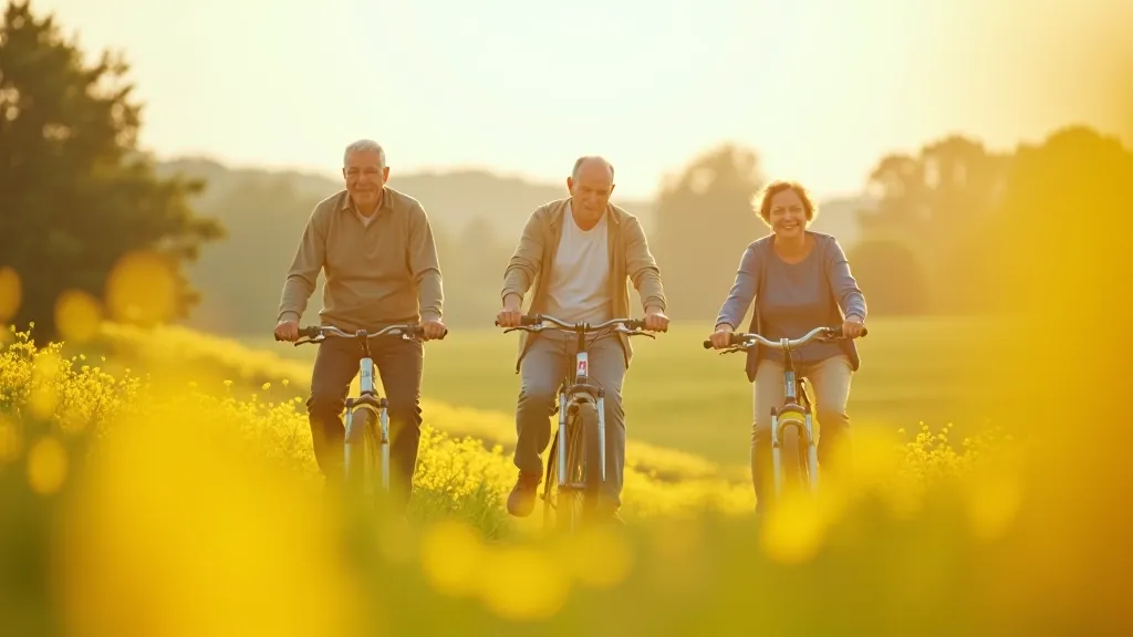 Seniori ar draugiem uz velosipēdiem pie skaista pļavas ainaskrasta